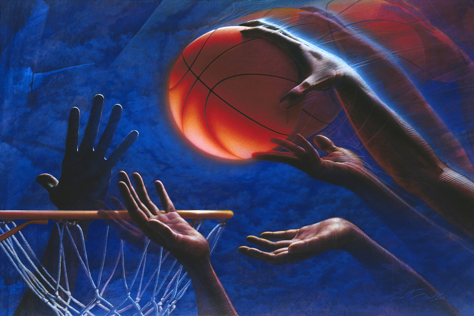 ABOVE THE RIM Basketball sports painting by Mark Smollin